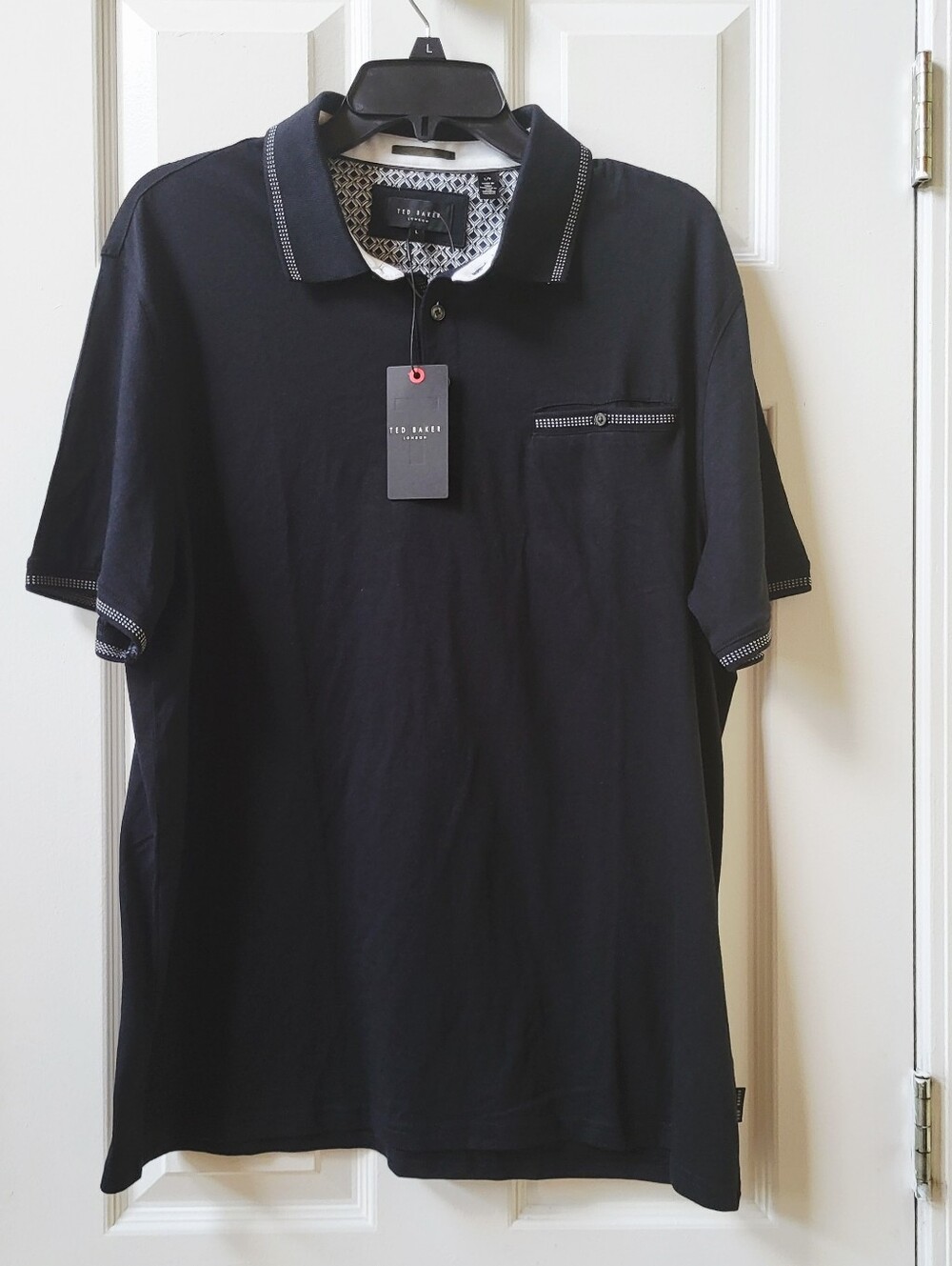 Ted Baker Men's Pocket Polo Shirt Black Geometric Trim Short Sleeve L Large NWT